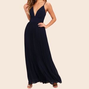 Soieblu Romantic Grecian Goddess Navy Blue Pleated Maxi Dress Size Small